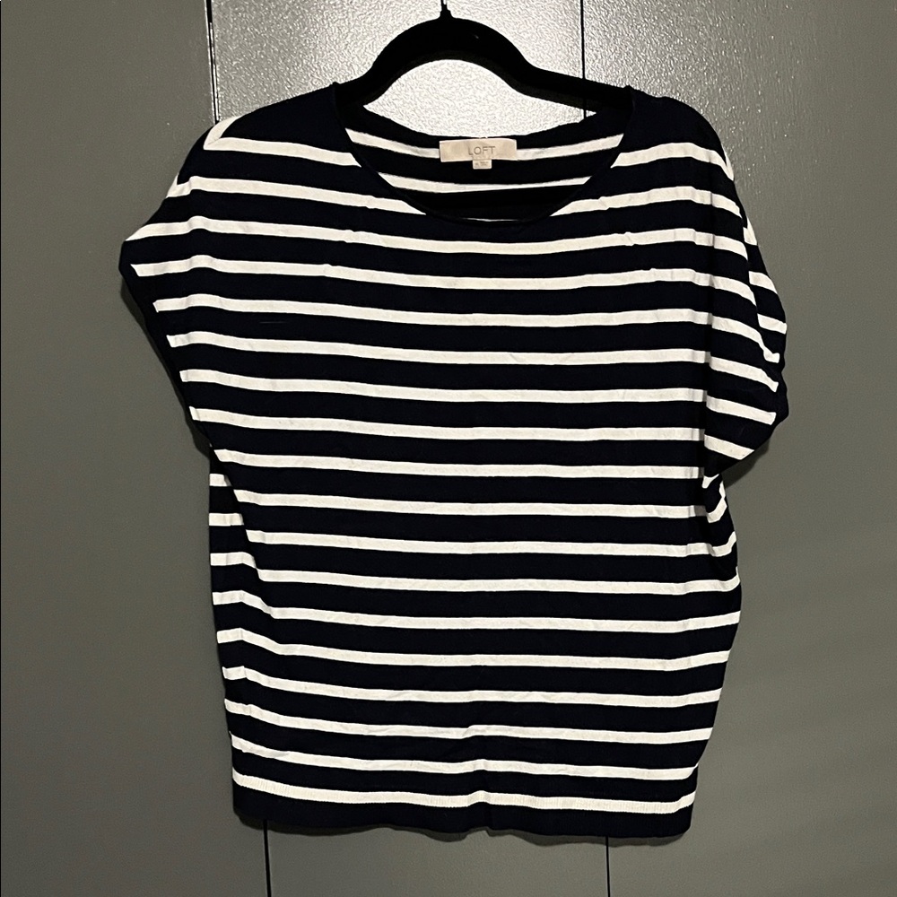 LOFT Women's Navy and White Striped short sleeve sweater